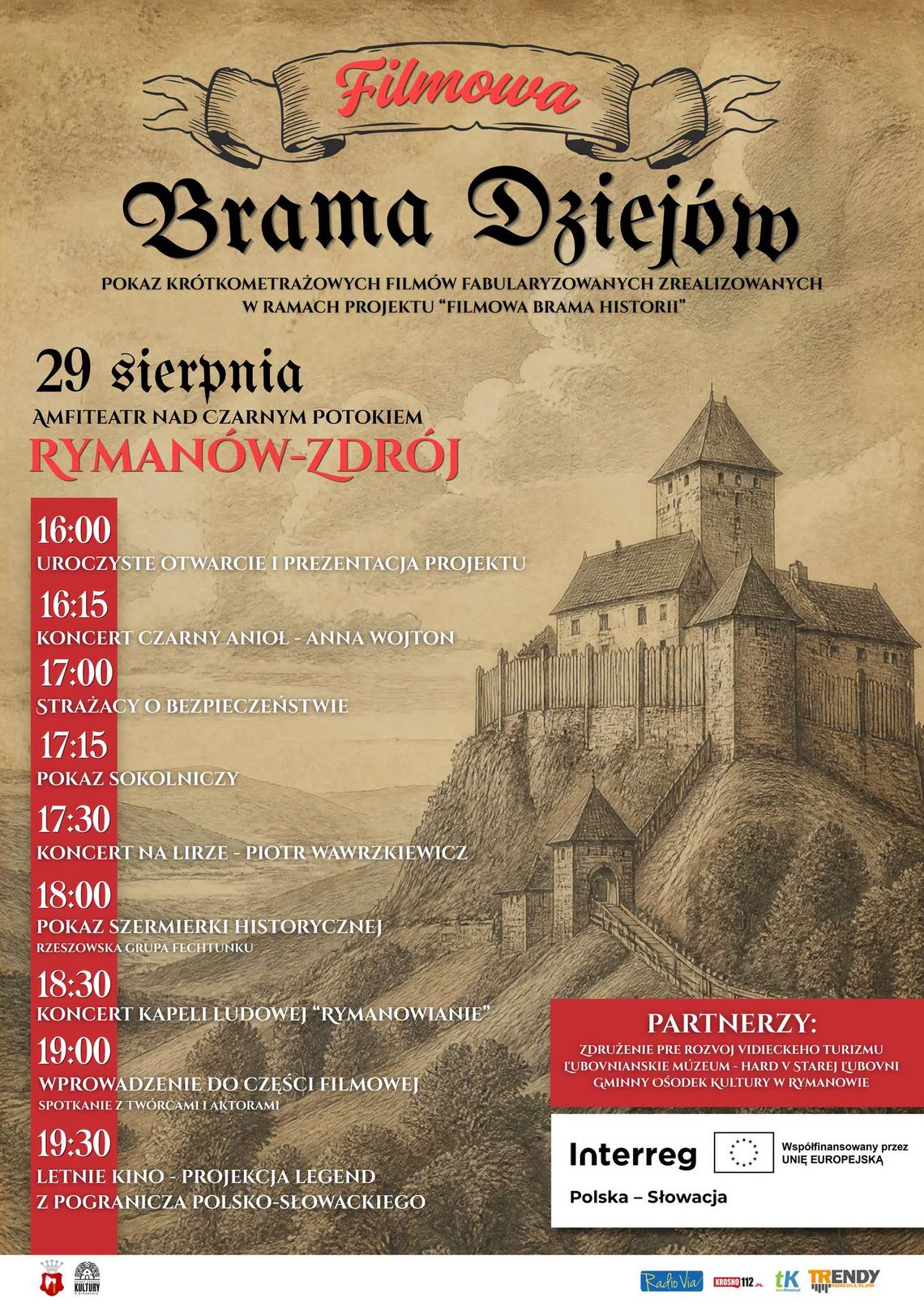 Filmowa Brama Dziejów w Rymanowie-Zdroju Plakat wydarzenia Filmowa Brama Dziejów w Rymanowie-Zdroju z programem godzinowym i ilustracją zamku