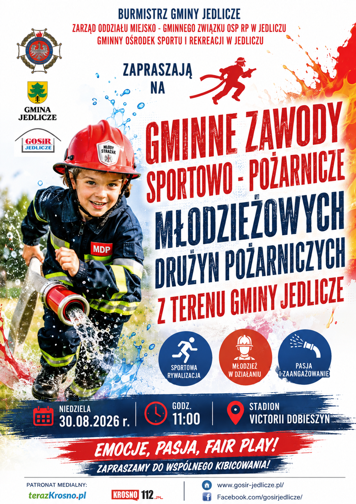 Plakat gminnych zawodów sportowo-pożarniczych młodzieżowych drużyn pożarniczych w Dobieszynie