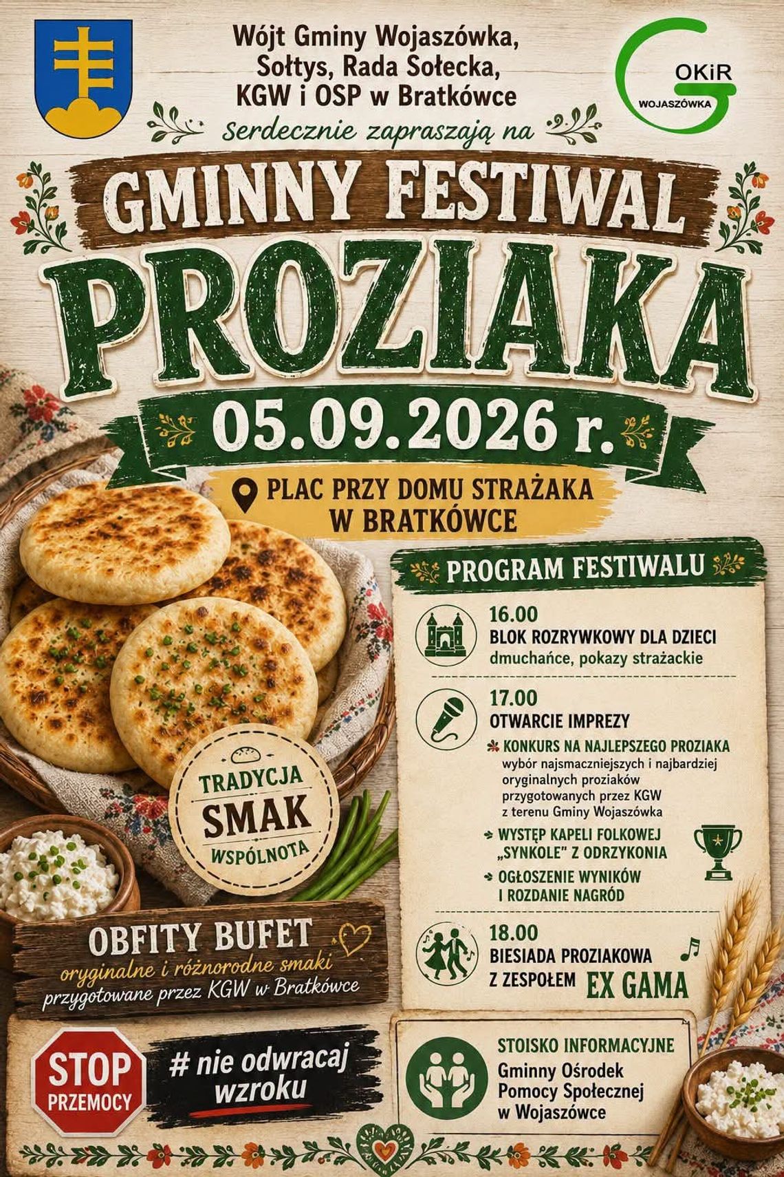 Plakat promujący Gminny Festiwal Proziaka w Bratkówce 5 września 2026 roku
