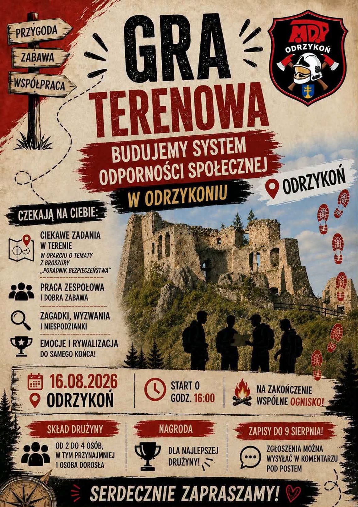 Plakat gry terenowej w Odrzykoniu z ruinami zamku w tle