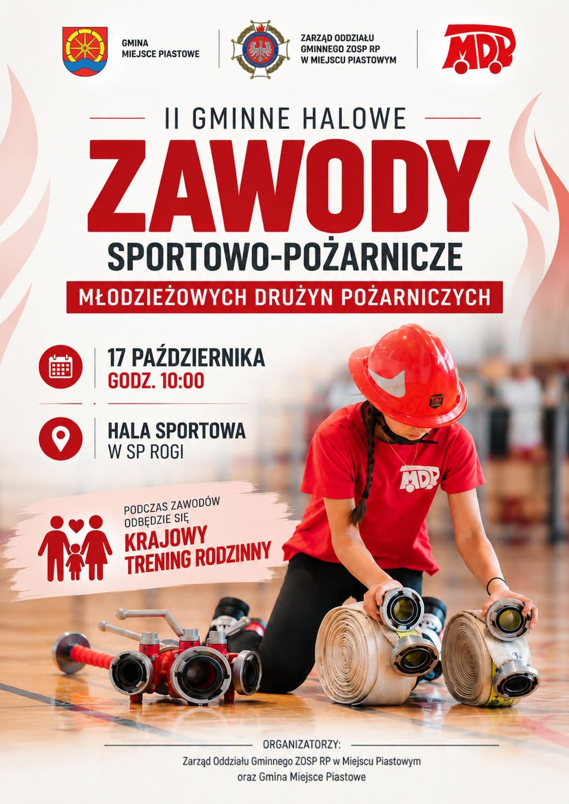 Plakat promujący II Gminne Halowe Zawody Sportowo-Pożarnicze Młodzieżowych Drużyn Pożarniczych w Rogach