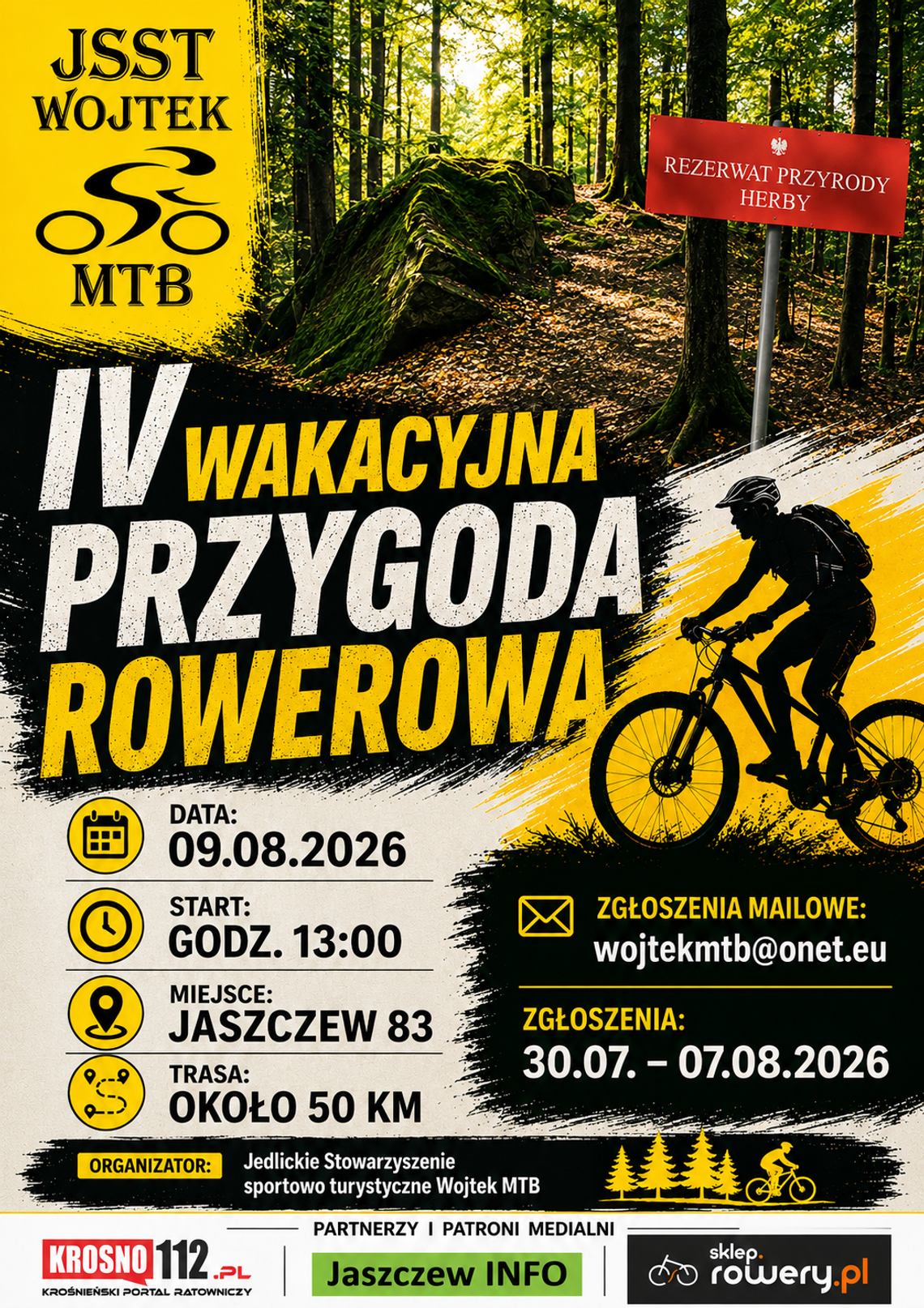 IV Wakacyjna Przygoda Rowerowa Plakat wydarzenia IV Wakacyjna Przygoda Rowerowa z grafiką rowerzysty MTB w lesie