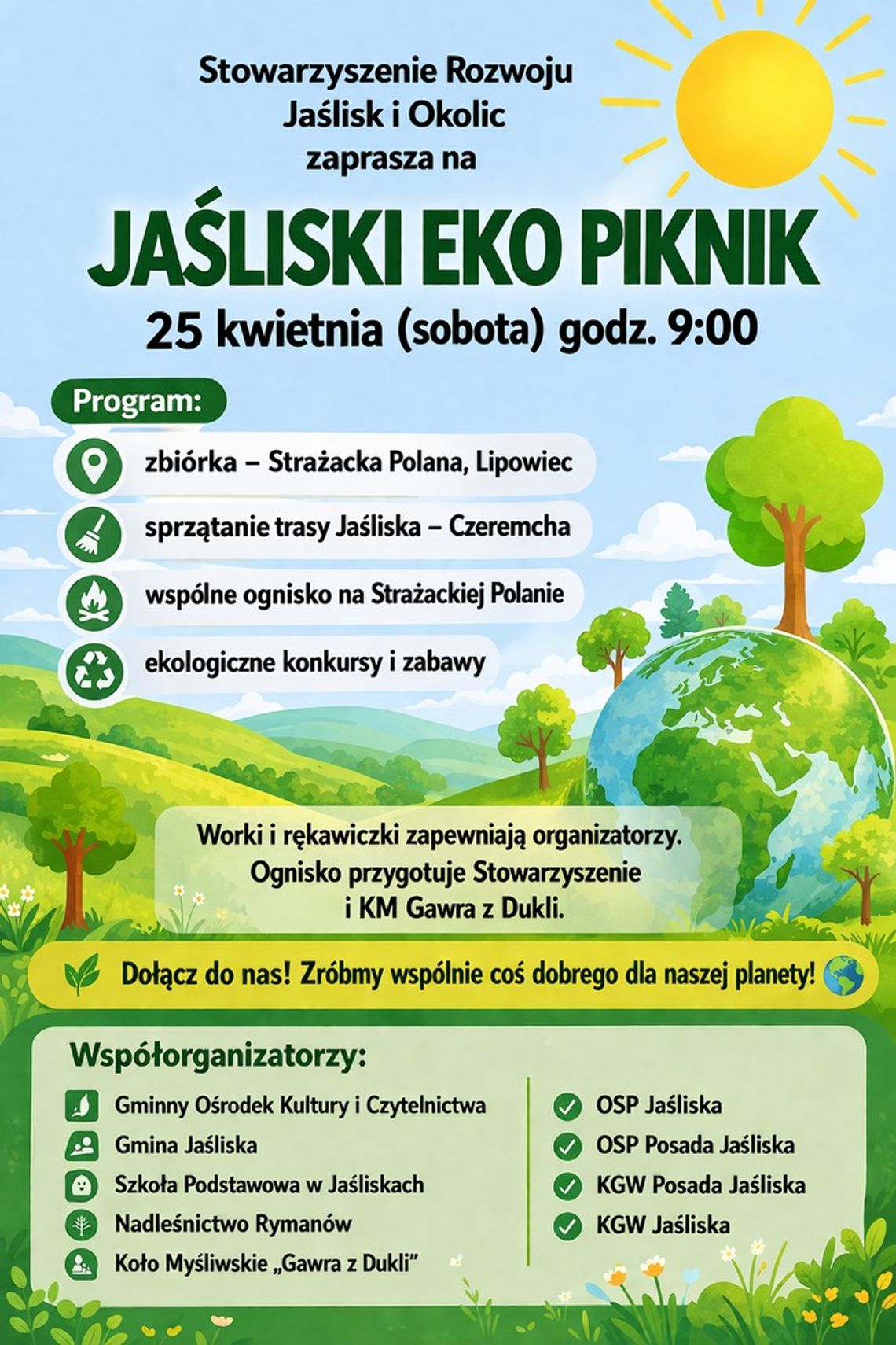 Plakat Jaśliski Eko Piknik 25 kwietnia z ilustracją krajobrazu i globu