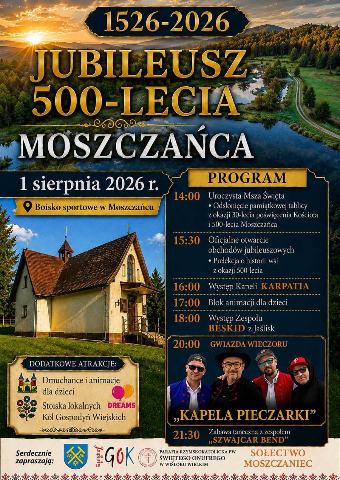 Plakat wydarzenia Jubileusz 500-lecia Moszczańca z programem obchodów i informacją o koncertach