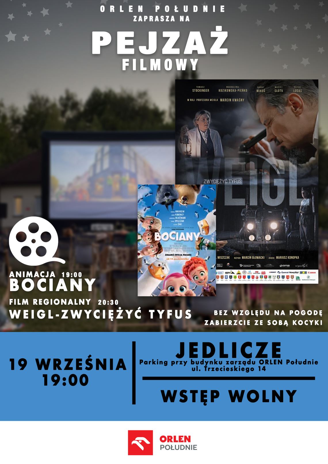 Plakat wydarzenia Pejzaż Filmowy organizowanego przez ORLEN Południe w Jedliczu