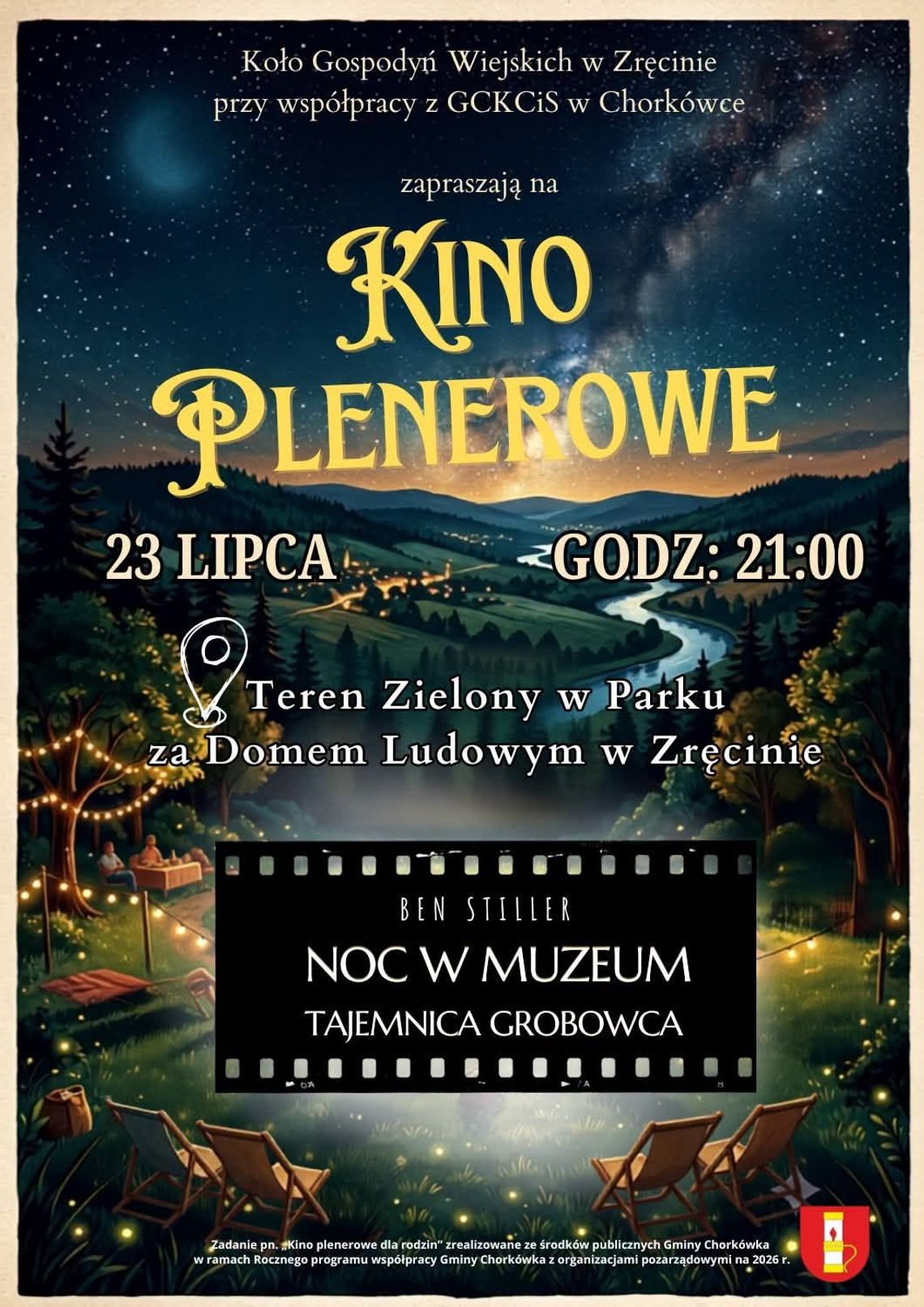 Plakat wydarzenia Kino Plenerowe w Zręcinie z informacją o seansie filmu Noc w muzeum: Tajemnica grobowca
