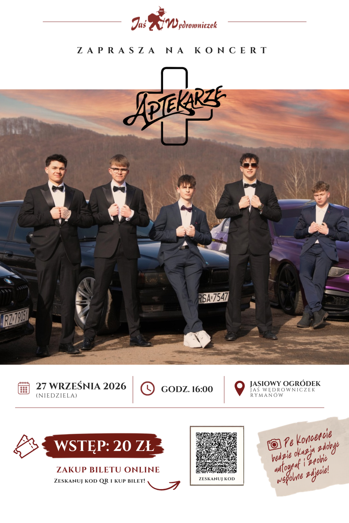 Aptekarze w Jasiowym Ogródku Plakat koncertu zespołu Aptekarze w Rymanowie 27 września 2026 o 16:00