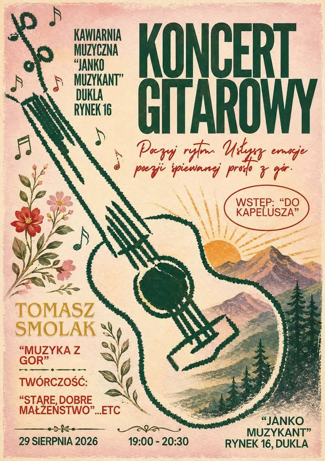 Plakat koncertu gitarowego Tomasza Smolaka w kawiarni Janko Muzykant w Dukli