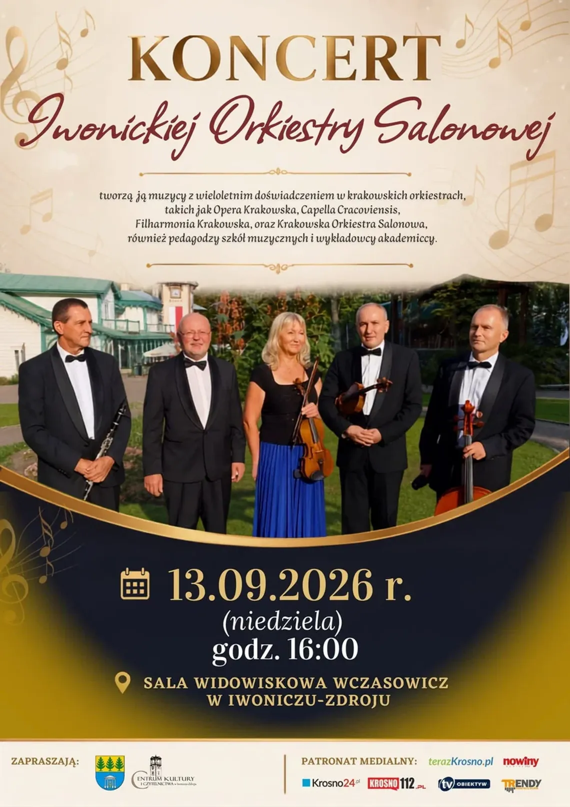 Koncert Iwonickiej Orkiestry Salonowej Plakat koncertu Iwonickiej Orkiestry Salonowej w Iwoniczu-Zdroju 13 września 2026 o godzinie 16:00