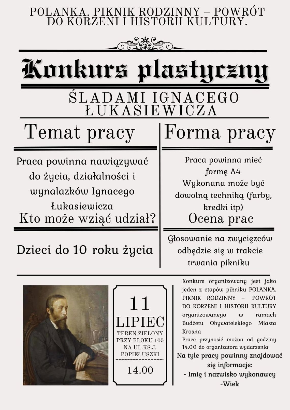 Plakat konkursu plastycznego Śladami Ignacego Łukasiewicza organizowanego podczas pikniku POLANKA