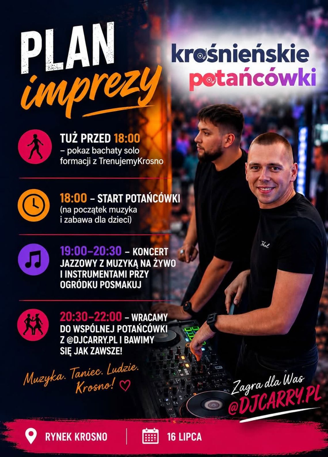 Plakat wydarzenia Krośnieńskie Potańcówki z planem imprezy na Rynku w Krośnie
