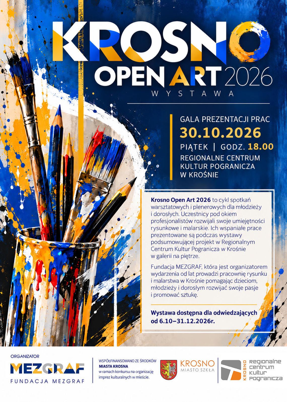 Krosno Open Art 2026 Plakat wydarzenia Krosno Open Art 2026 z pędzlami, ołówkami i informacjami o wystawie w Krośnie
