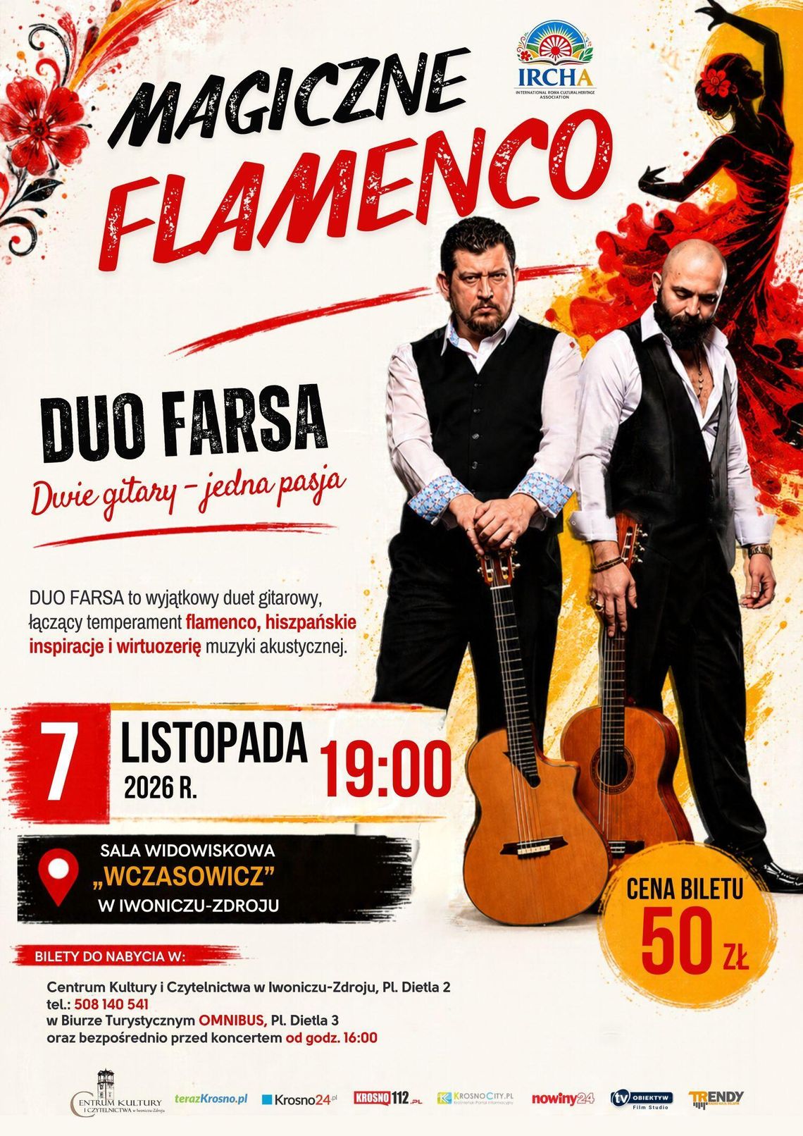 Plakat koncertu Magiczne Flamenco z zespołem Duo Farsa w Iwoniczu-Zdroju
