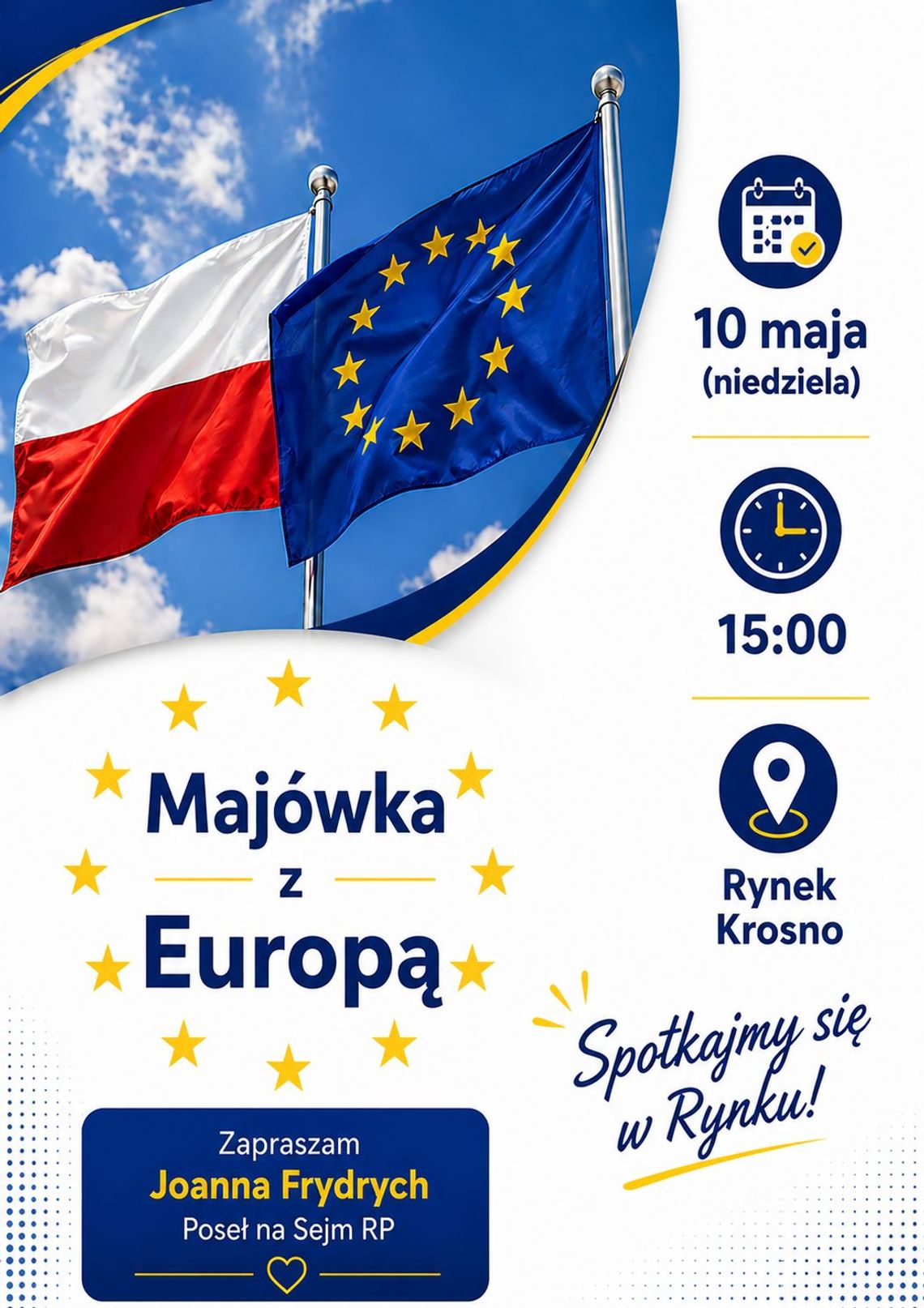 Flagi Polski i Unii Europejskiej oraz napis Majówka z Europą