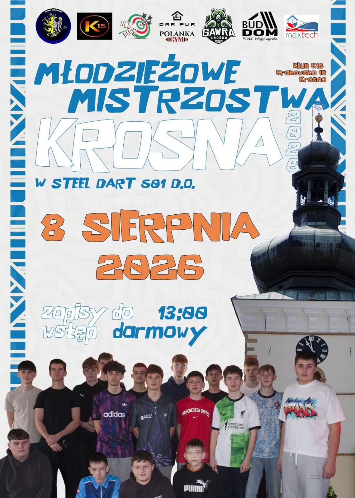 Plakat Młodzieżowych Mistrzostw Krosna w Steel Dart 501 D.O. z datą 8 sierpnia 2026 i miejscem Klub K15 w Krośnie