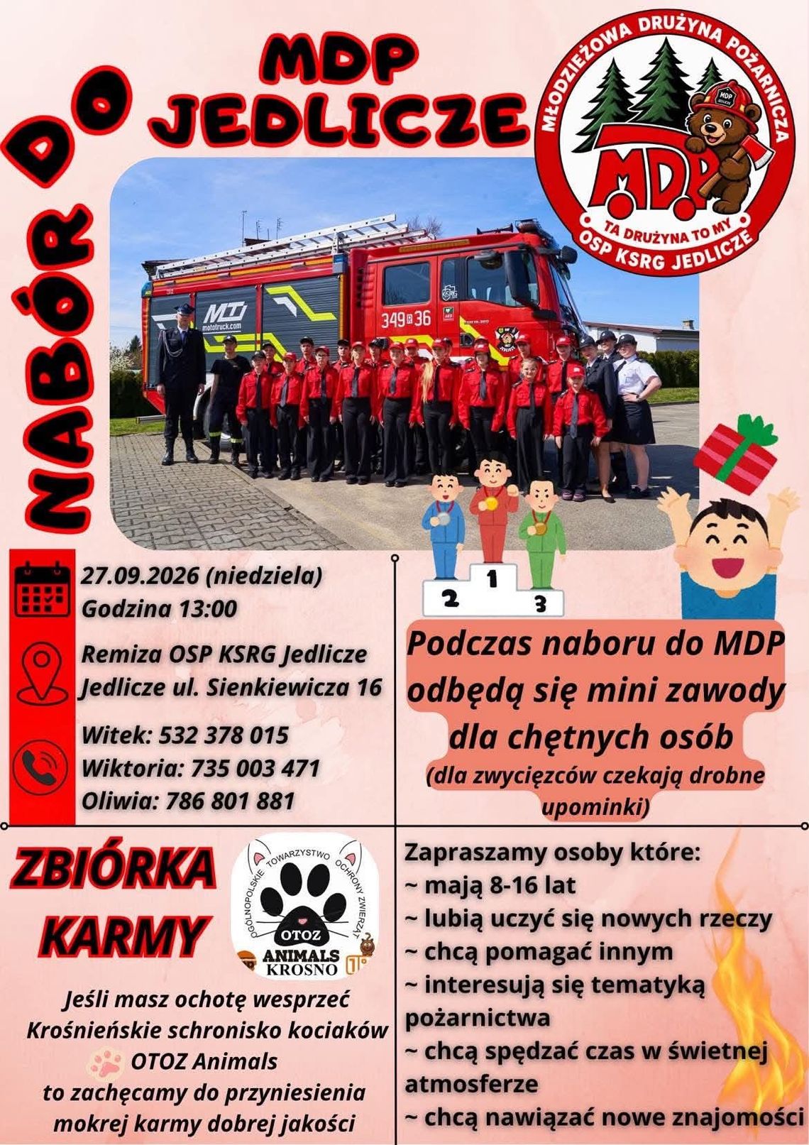 Nabór do MDP Jedlicze i zbiórka karmy dla kociaków Plakat informujący o naborze do MDP Jedlicze z datą, miejscem i dodatkowymi atrakcjami