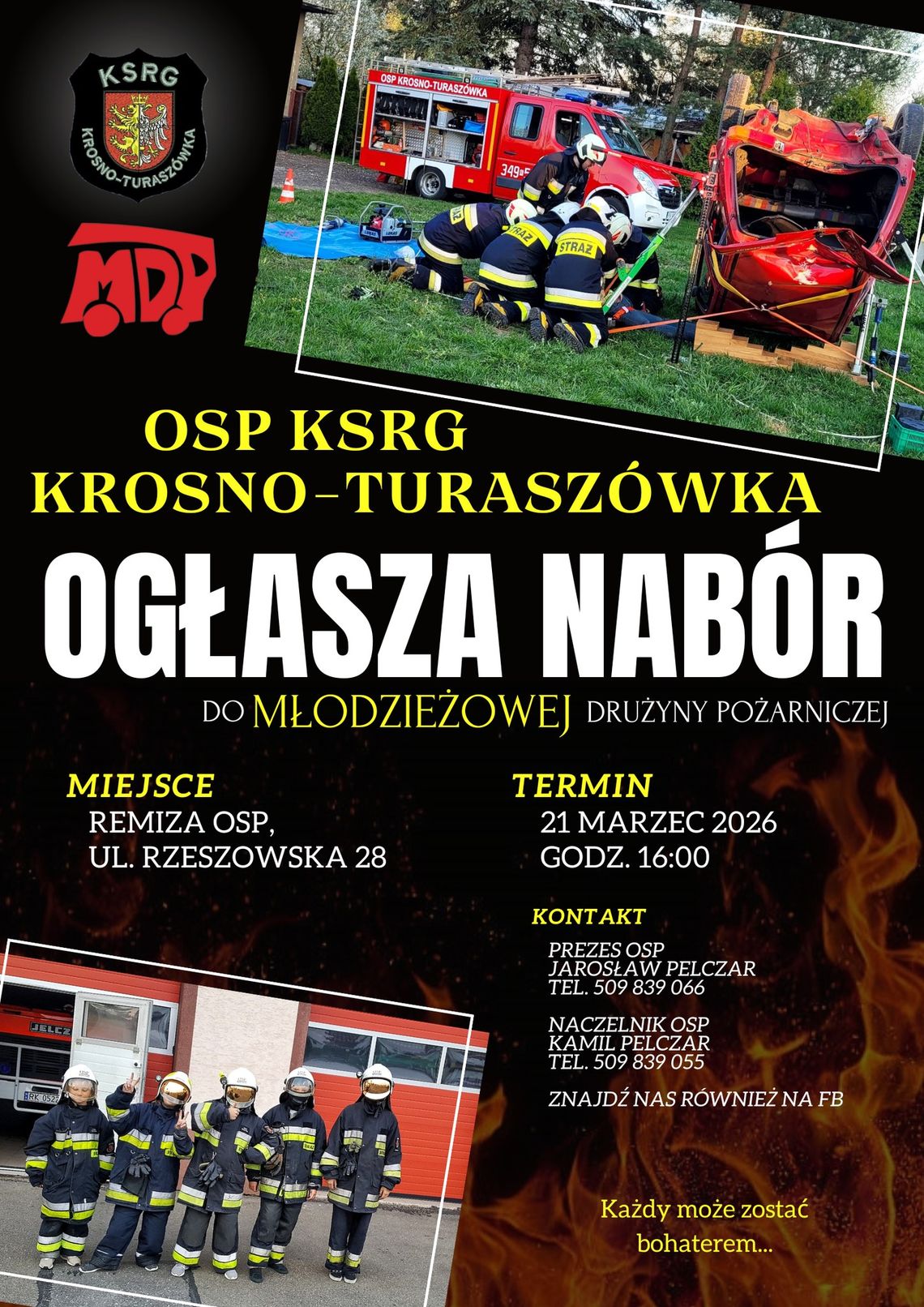 Plakat ogłaszający nabór do Młodzieżowej Drużyny Pożarniczej