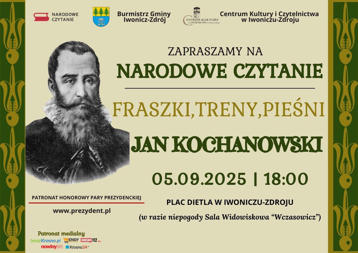 Narodowe Czytanie 2025 w Iwoniczu-Zdroju Plakat wydarzenia Narodowe Czytanie Jana Kochanowskiego