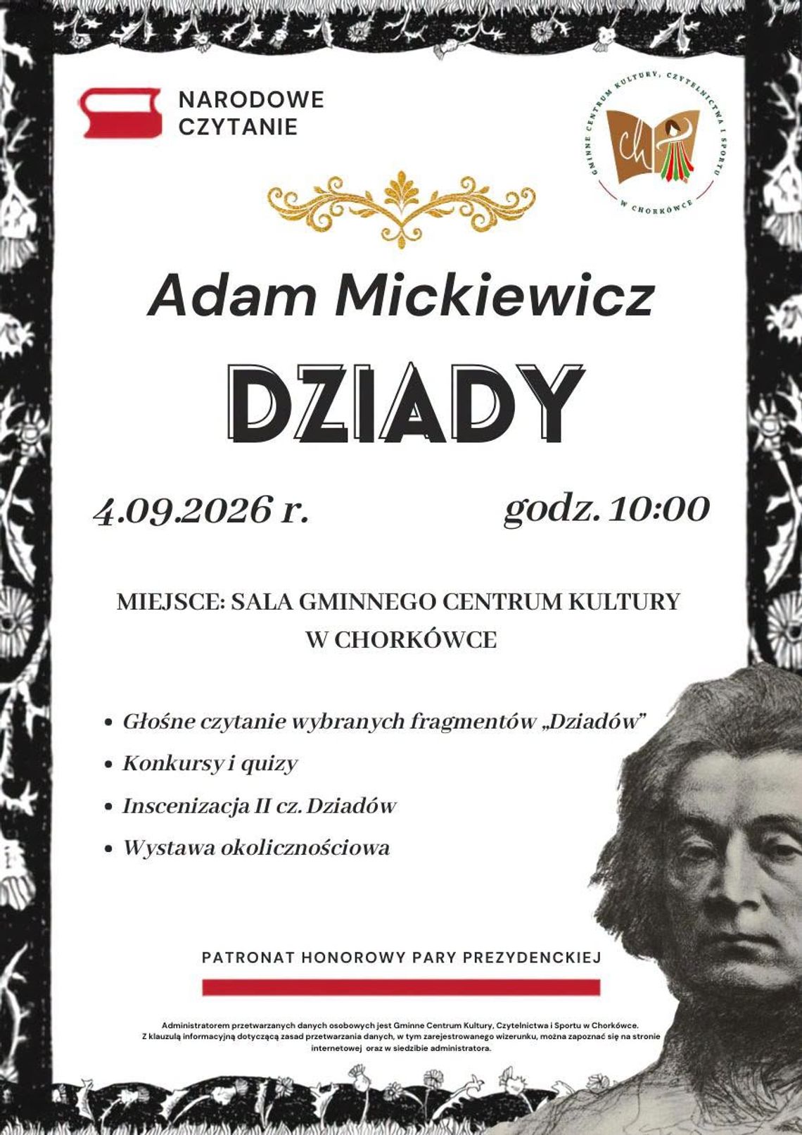 Narodowe Czytanie – Adam Mickiewicz „Dziady” Plakat wydarzenia Narodowe Czytanie poświęconego „Dziadom” Adama Mickiewicza w Chorkówce
