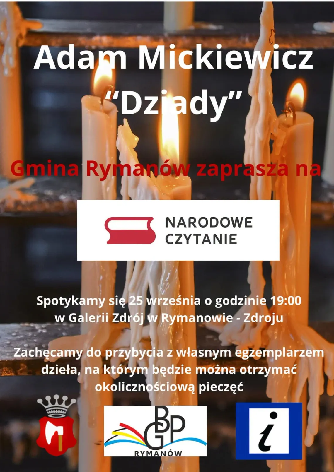 Plakat wydarzenia Narodowe Czytanie „Dziady” Adama Mickiewicza w Rymanowie-Zdroju