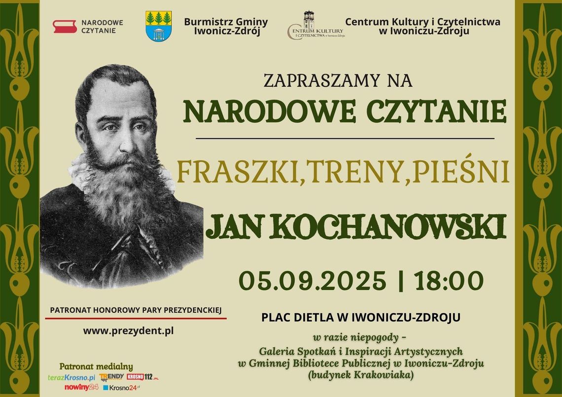 Narodowe Czytanie - Fraszki, Treny, Pieśni Jana Kochanowskiego Plakat wydarzenia Narodowe Czytanie