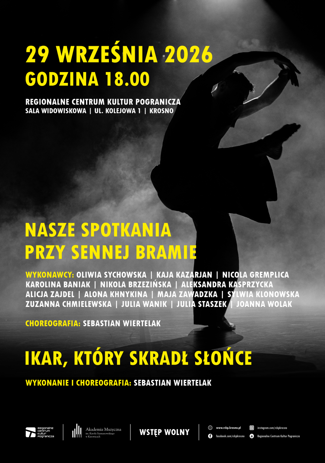 Nasze spotkania przy sennej bramie / Ikar, który skradł słońce Plakat wydarzenia tanecznego w Krośnie z sylwetką tancerza na ciemnym tle