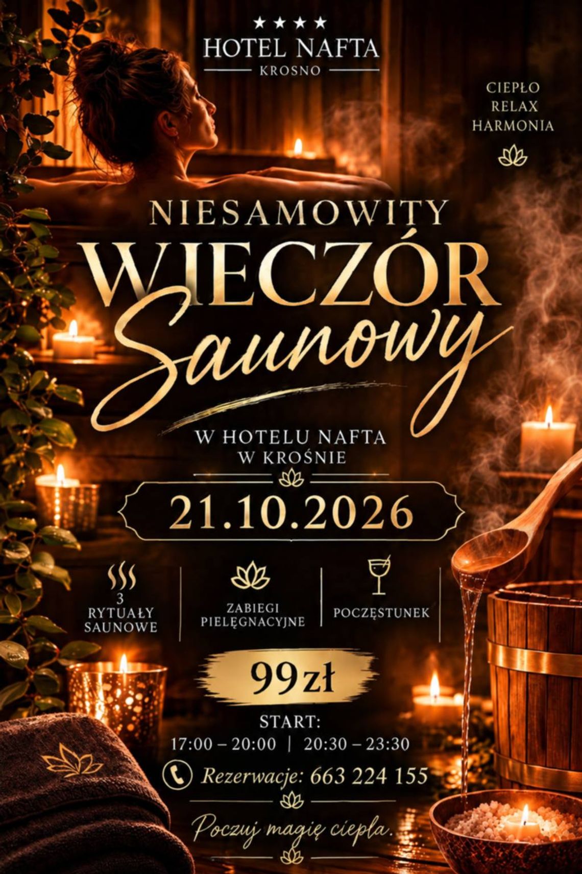 Plakat promujący Niesamowity Wieczór Saunowy w Hotelu Nafta w Krośnie
