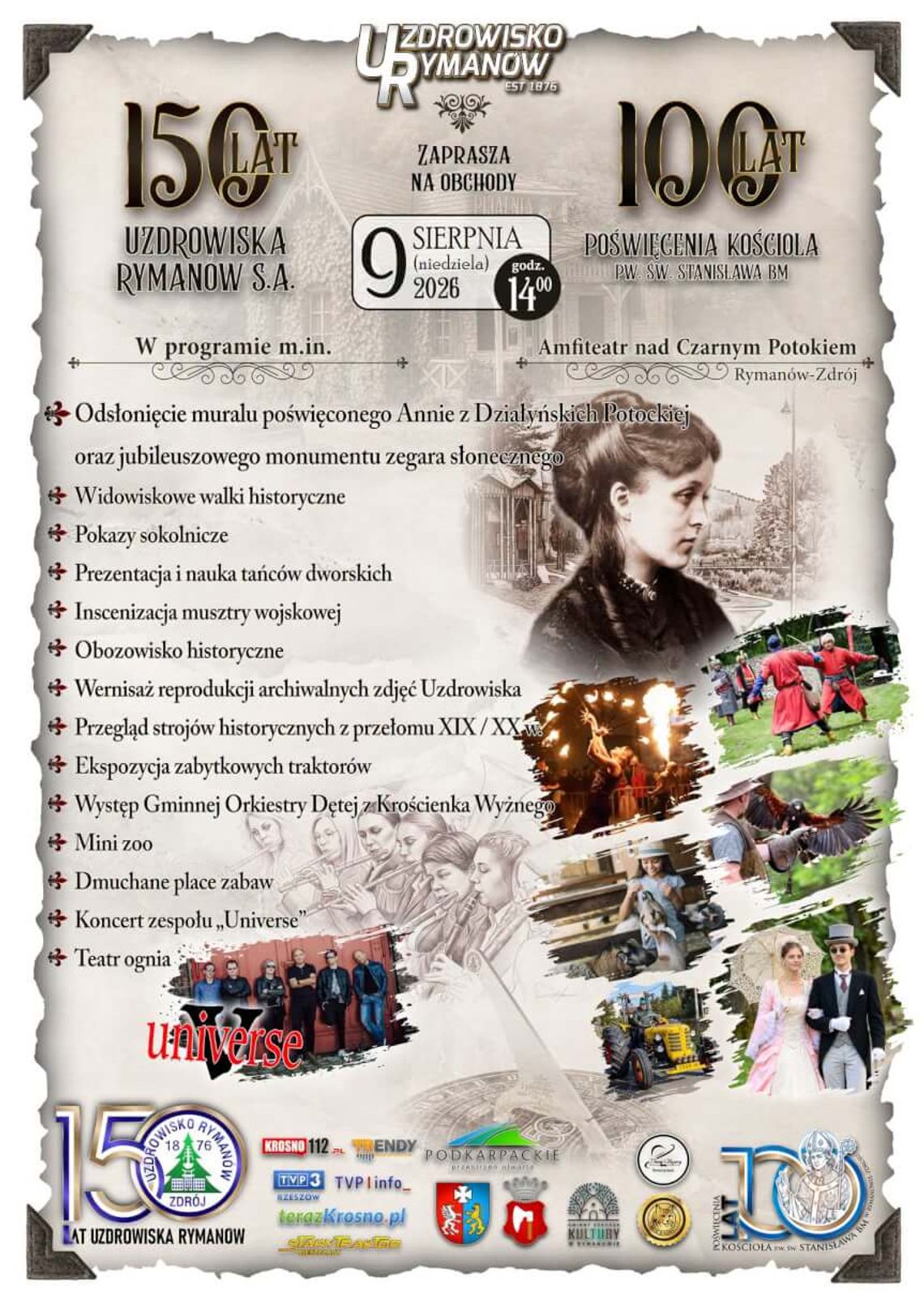 Obchody 150 lat Uzdrowiska Rymanów S.A. i 100 lat poświęcenia kościoła pw. św. Stanisława BM Plakat obchodów 150 lat Uzdrowiska Rymanów S.A. i 100 lat poświęcenia kościoła w Rymanowie-Zdroju
