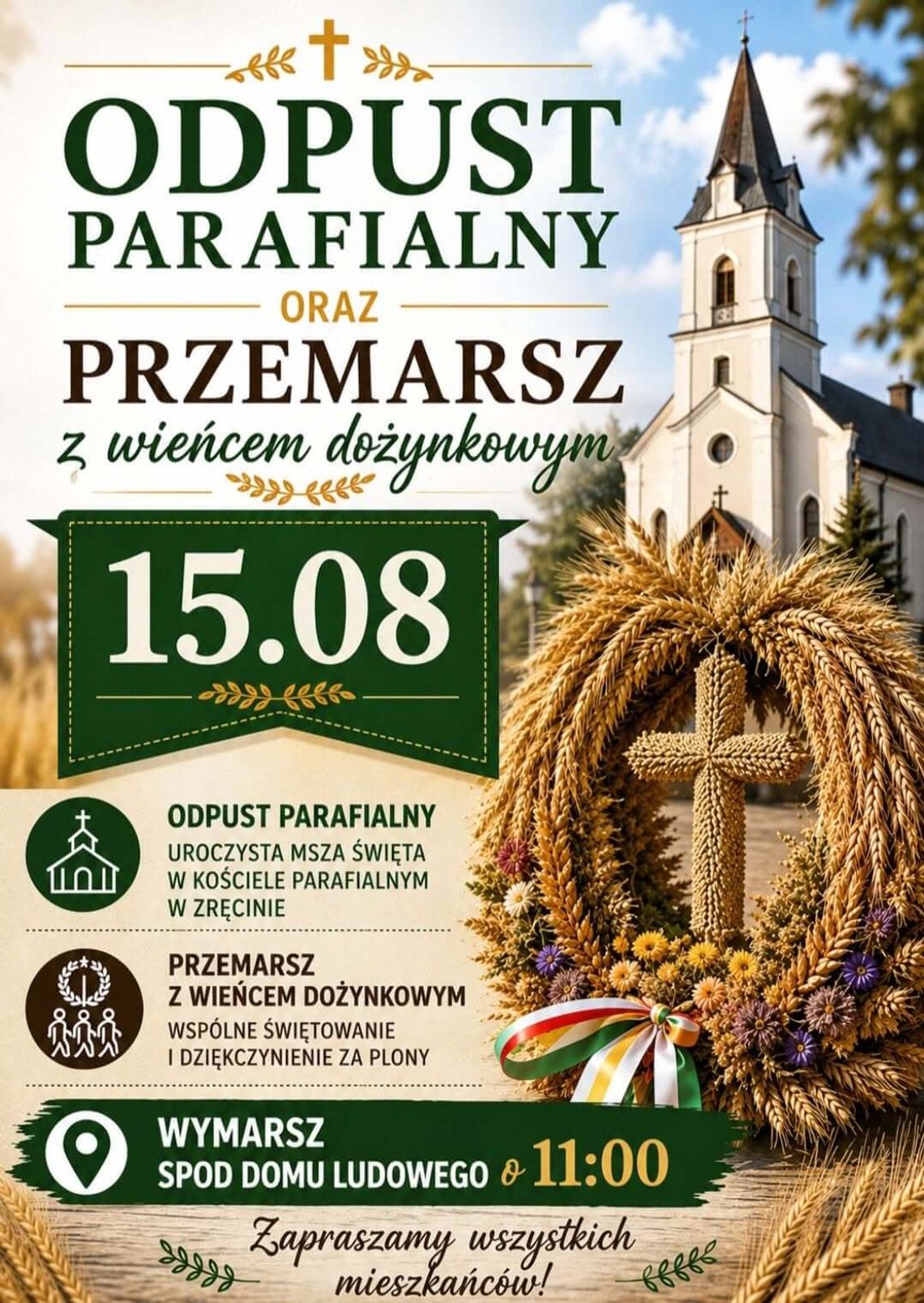 Plakat wydarzenia Odpust Parafialny oraz Przemarsz z wieńcem dożynkowym w Zręcinie