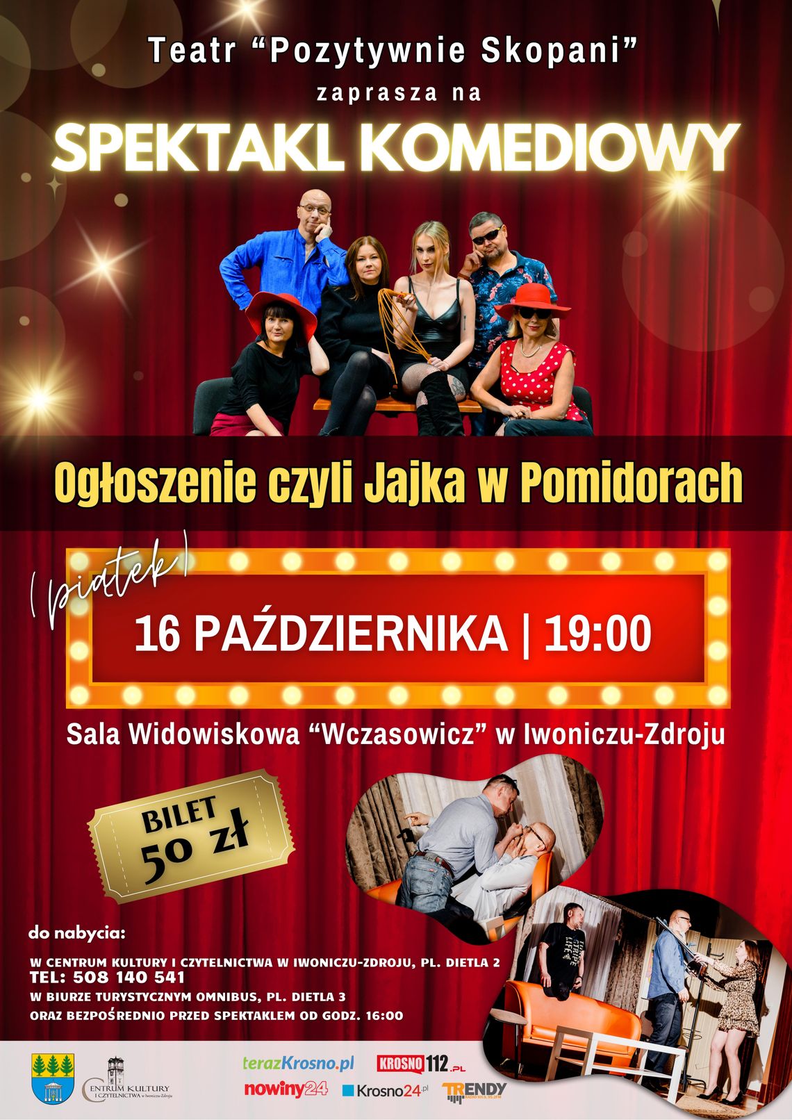 Plakat spektaklu komediowego „Ogłoszenie czyli Jajka w Pomidorach” Teatru „Pozytywnie Skopani” w Iwoniczu-Zdroju