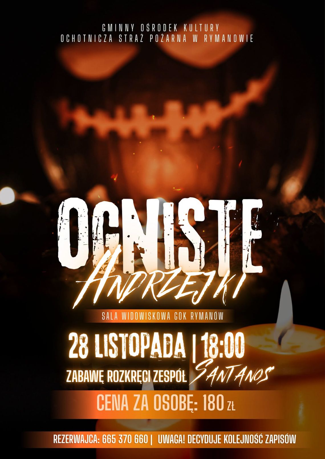 Ogniste Andrzejki w Rymanowie Plakat wydarzenia Ogniste Andrzejki w Rymanowie z dynią i świecami