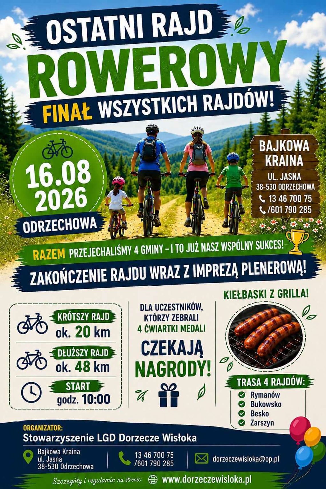 Plakat wydarzenia Ostatni Rajd Rowerowy w Odrzechowej 16 sierpnia 2026 roku