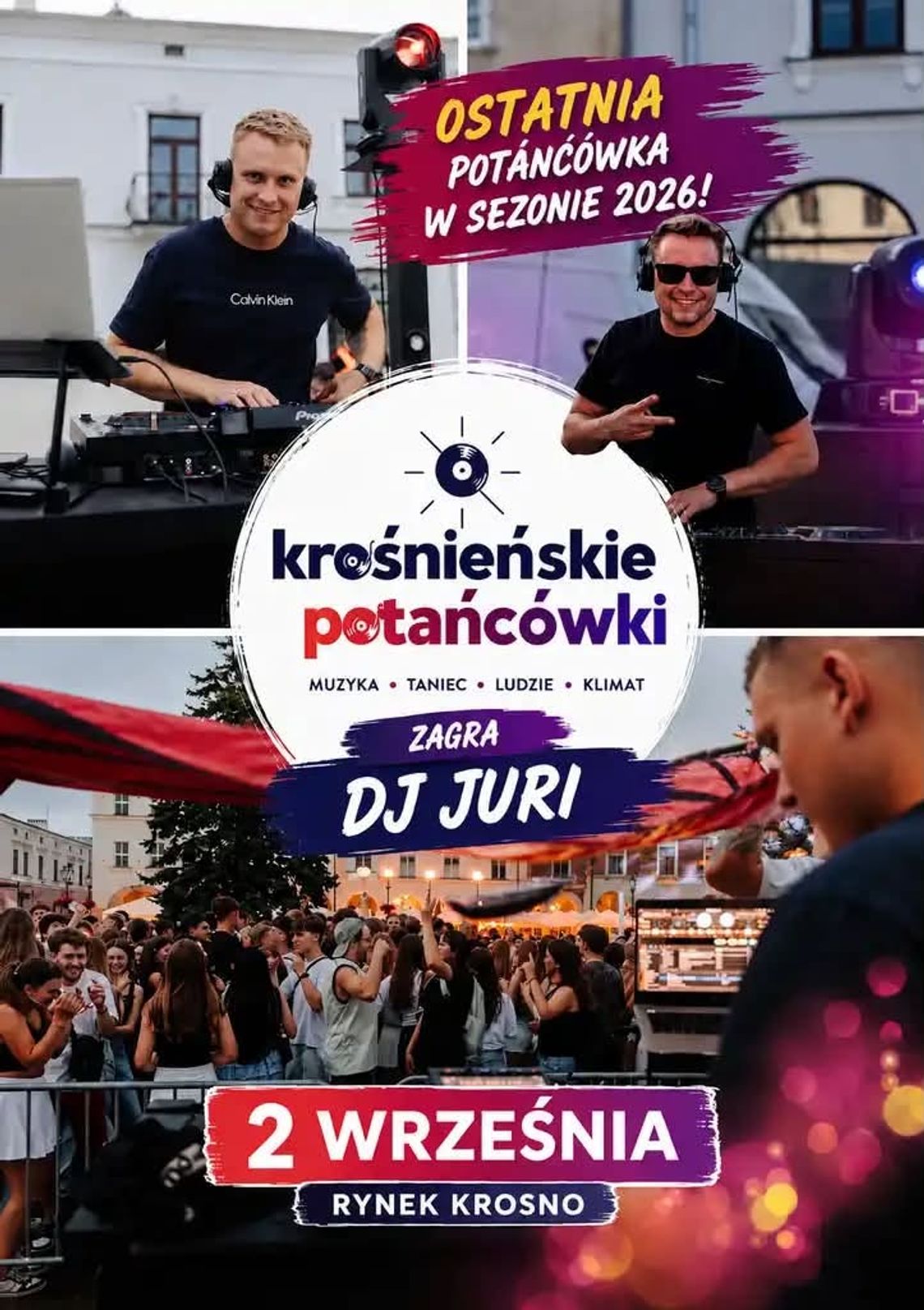 Ostatnia Krośnieńska Potańcówka w sezonie 2026 Plakat wydarzenia Krośnieńskie Potańcówki z DJ JURI na rynku w Krośnie