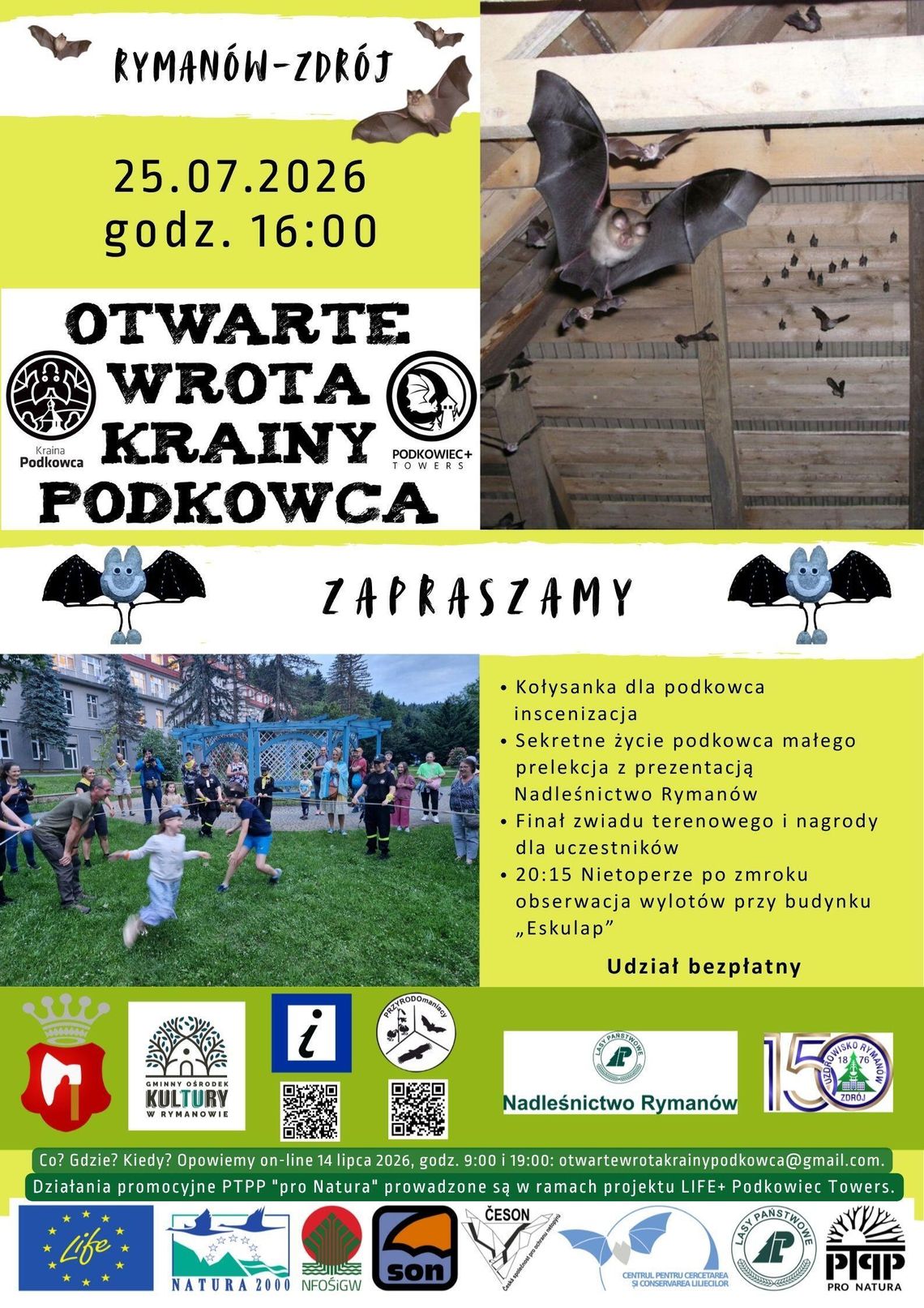 Plakat wydarzenia Otwarte Wrota Krainy Podkowca w Rymanowie-Zdroju z fotografiami nietoperzy i programem atrakcji