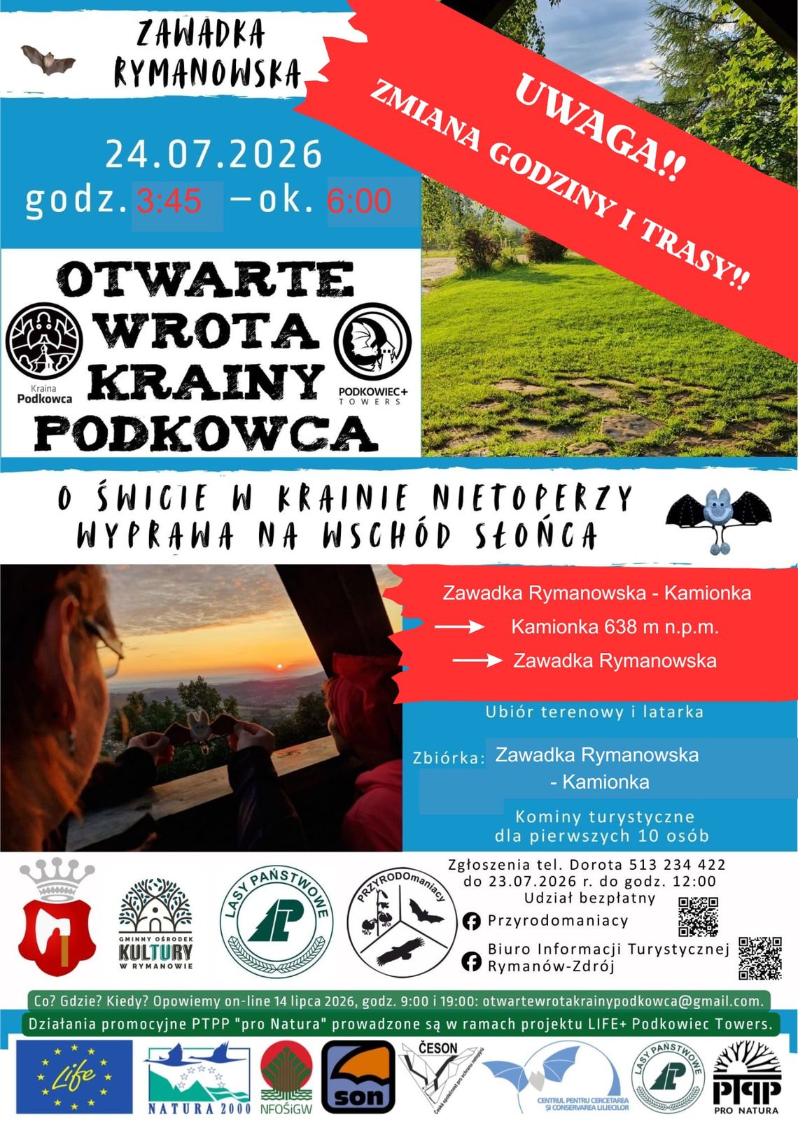 Plakat wydarzenia Otwarte Wrota Krainy Podkowca z informacją o porannej wyprawie na wschód słońca w Zawadce Rymanowskiej