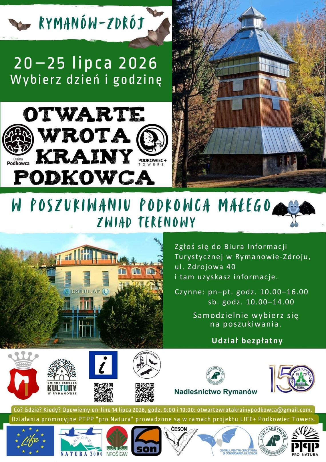 Otwarte Wrota Krainy Podkowca – W poszukiwaniu podkowca małego Plakat wydarzenia Otwarte Wrota Krainy Podkowca w Rymanowie-Zdroju z wieżą i informacjami o zwiadzie terenowym