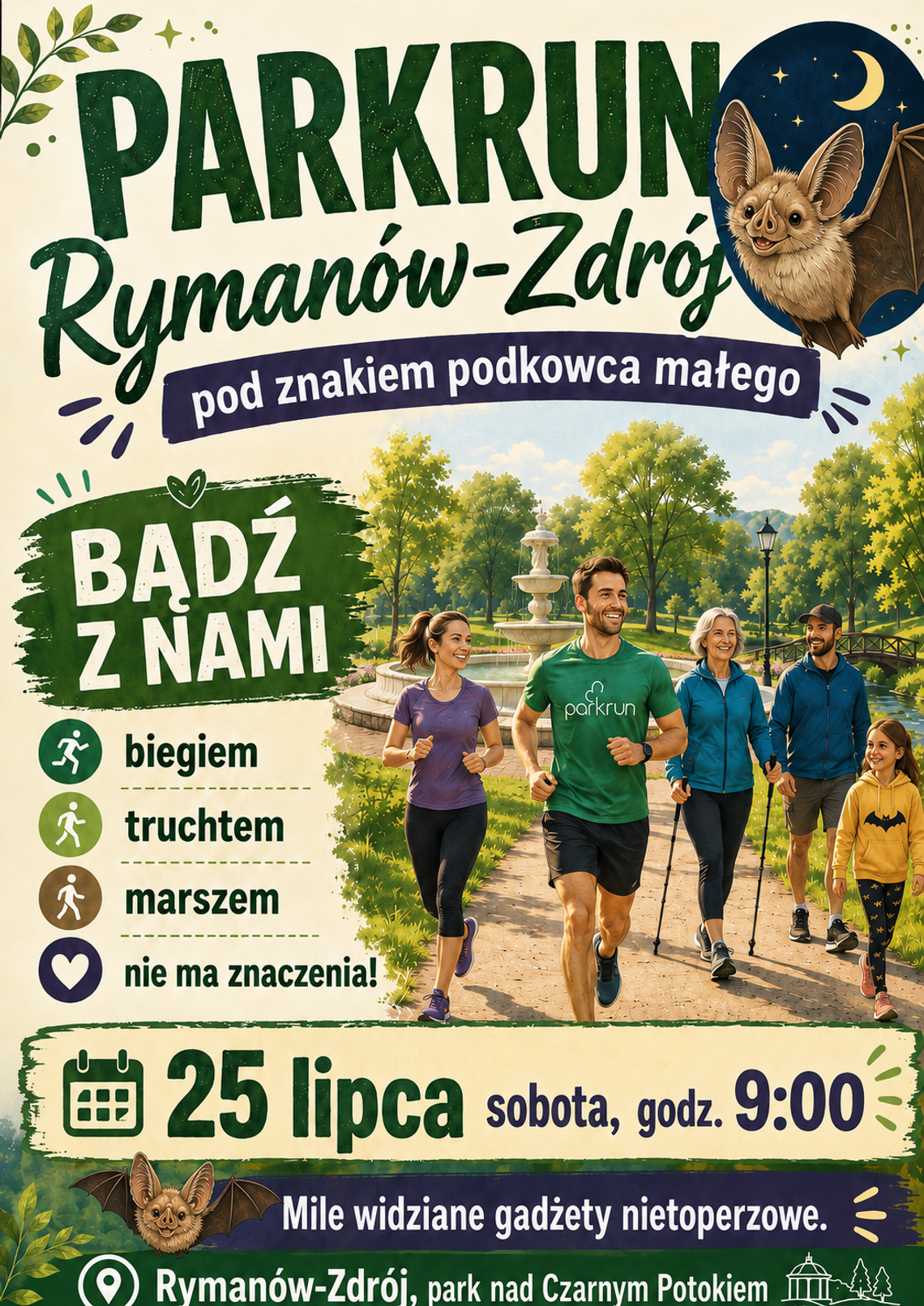 Plakat wydarzenia parkrun Rymanów-Zdrój pod znakiem podkowca małego z datą 25 lipca, godz. 9:00