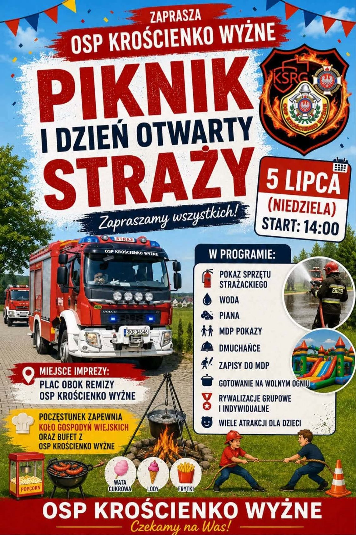 Plakat wydarzenia Piknik i Dzień Otwarty Straży organizowanego przez OSP Krościenko Wyżne