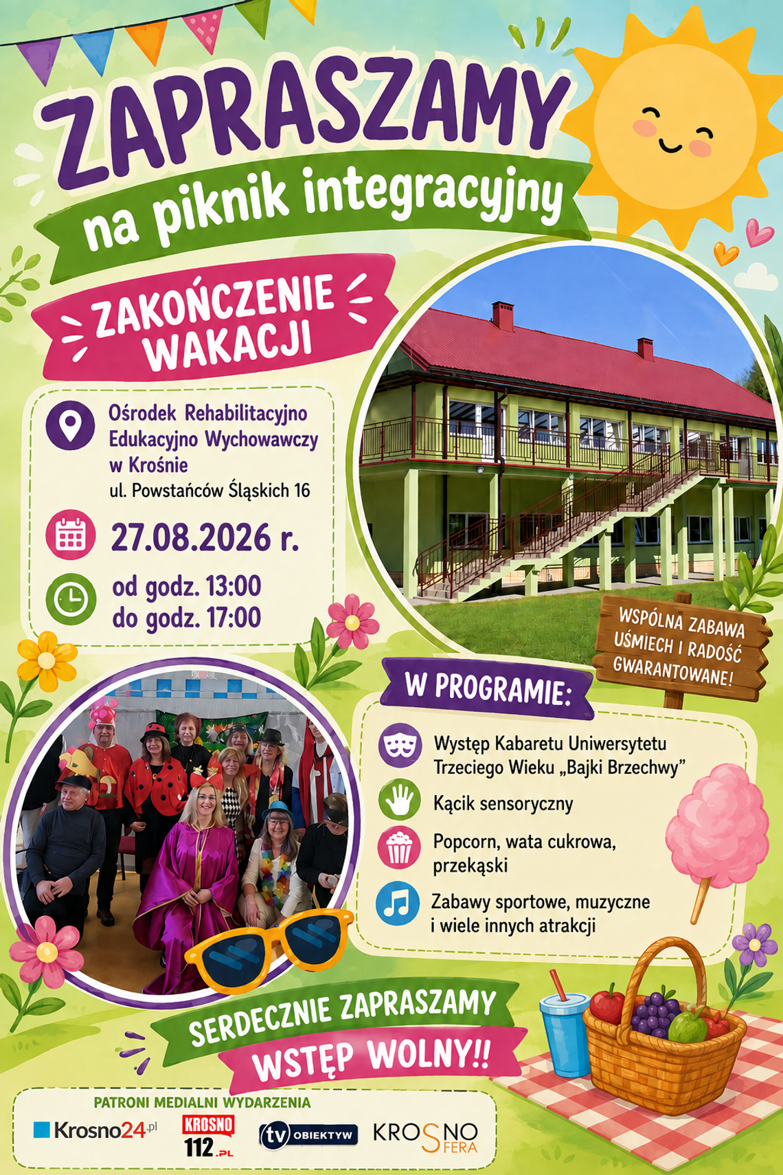 Plakat pikniku integracyjnego Zakończenie wakacji w Krośnie