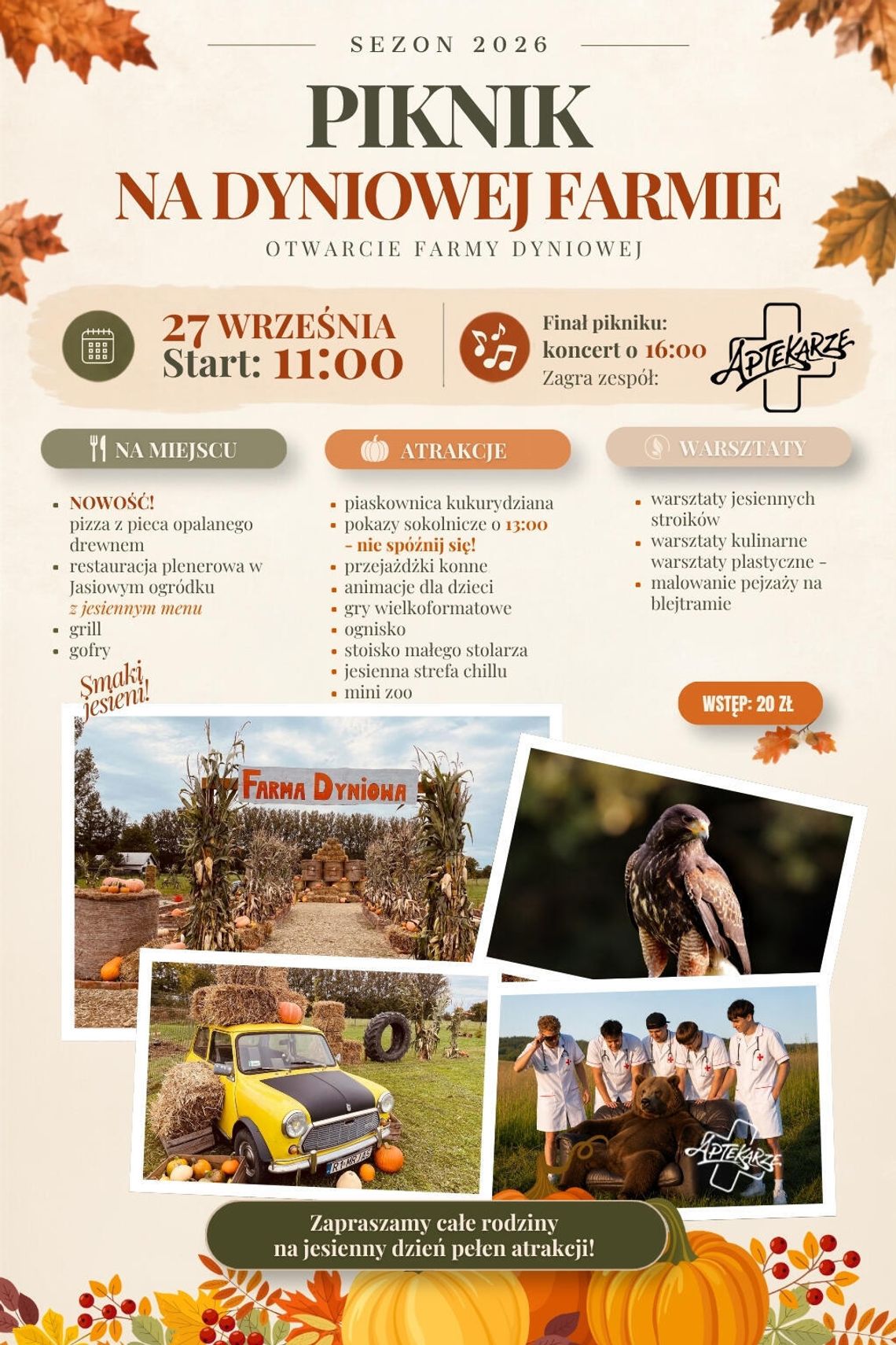 Plakat wydarzenia Piknik na Dyniowej Farmie z programem atrakcji i jesienną oprawą graficzną