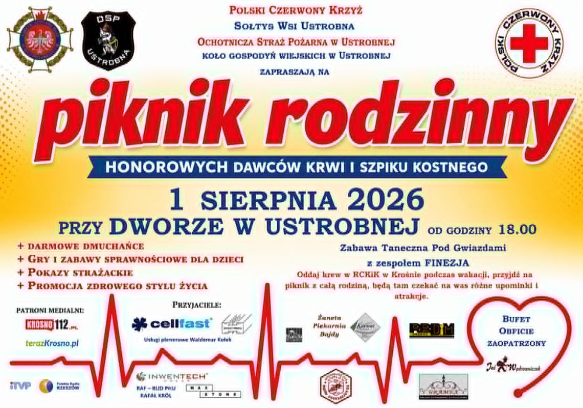 Piknik Rodzinny Honorowych Dawców Krwi i Szpiku Kostnego Plakat wydarzenia Piknik Rodzinny Honorowych Dawców Krwi i Szpiku Kostnego w Ustrobnej