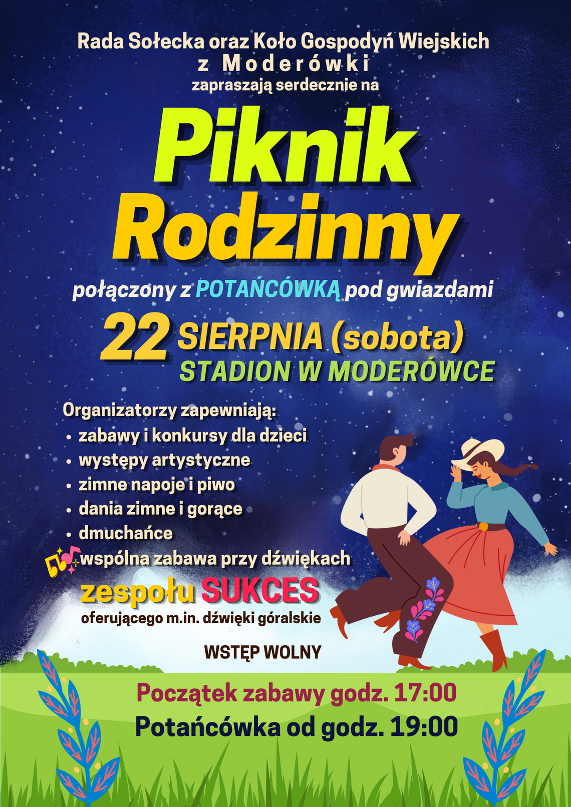 Plakat zapraszający na Piknik Rodzinny połączony z Potańcówką pod gwiazdami w Moderówce