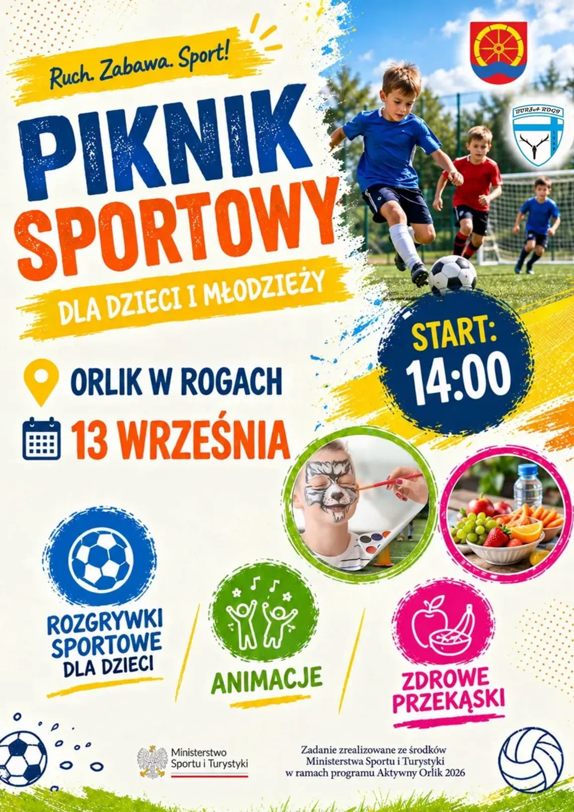 Plakat pikniku sportowego dla dzieci i młodzieży w Rogach