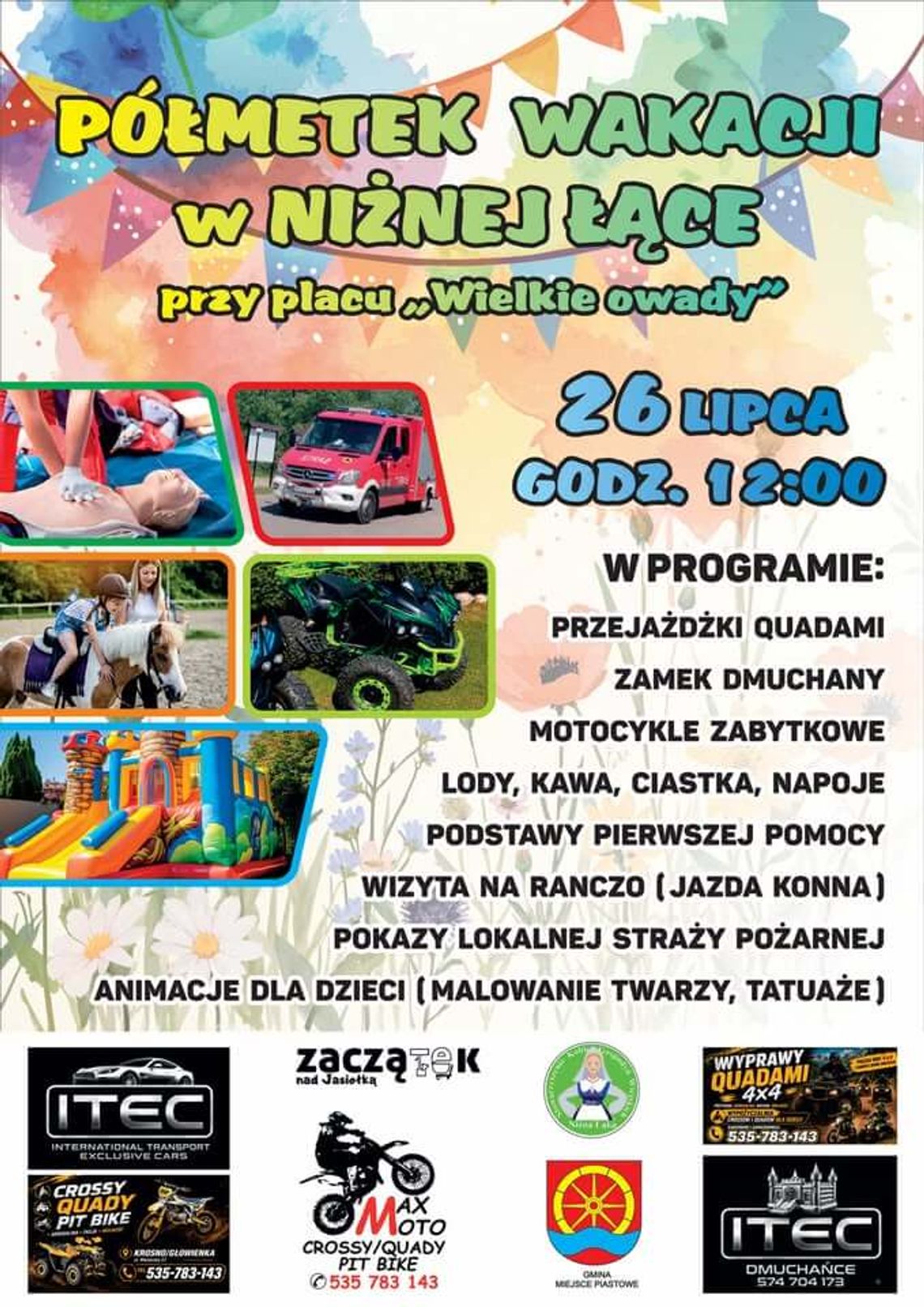 Plakat wydarzenia Półmetek wakacji w Niżnej Łące z programem atrakcji dla rodzin