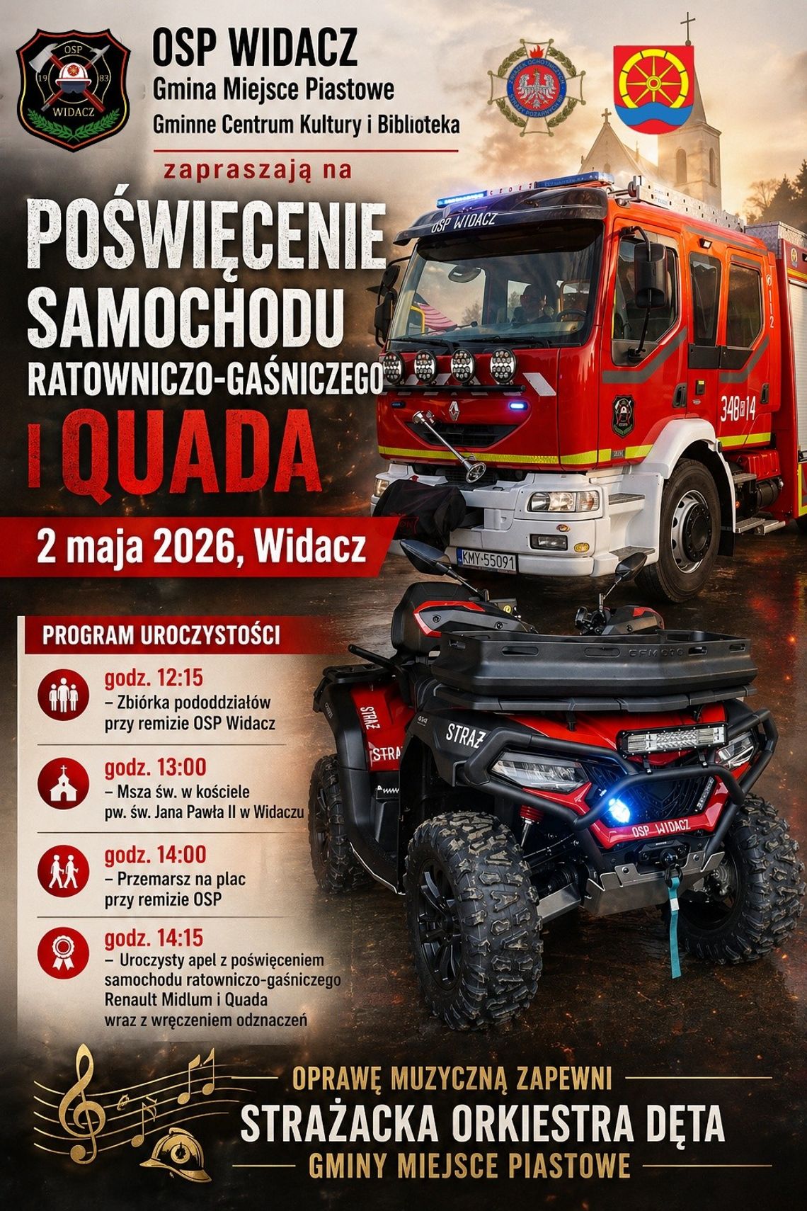Plakat: poświęcenie samochodu ratowniczo-gaśniczego i quada z wozem strażackim i quadem