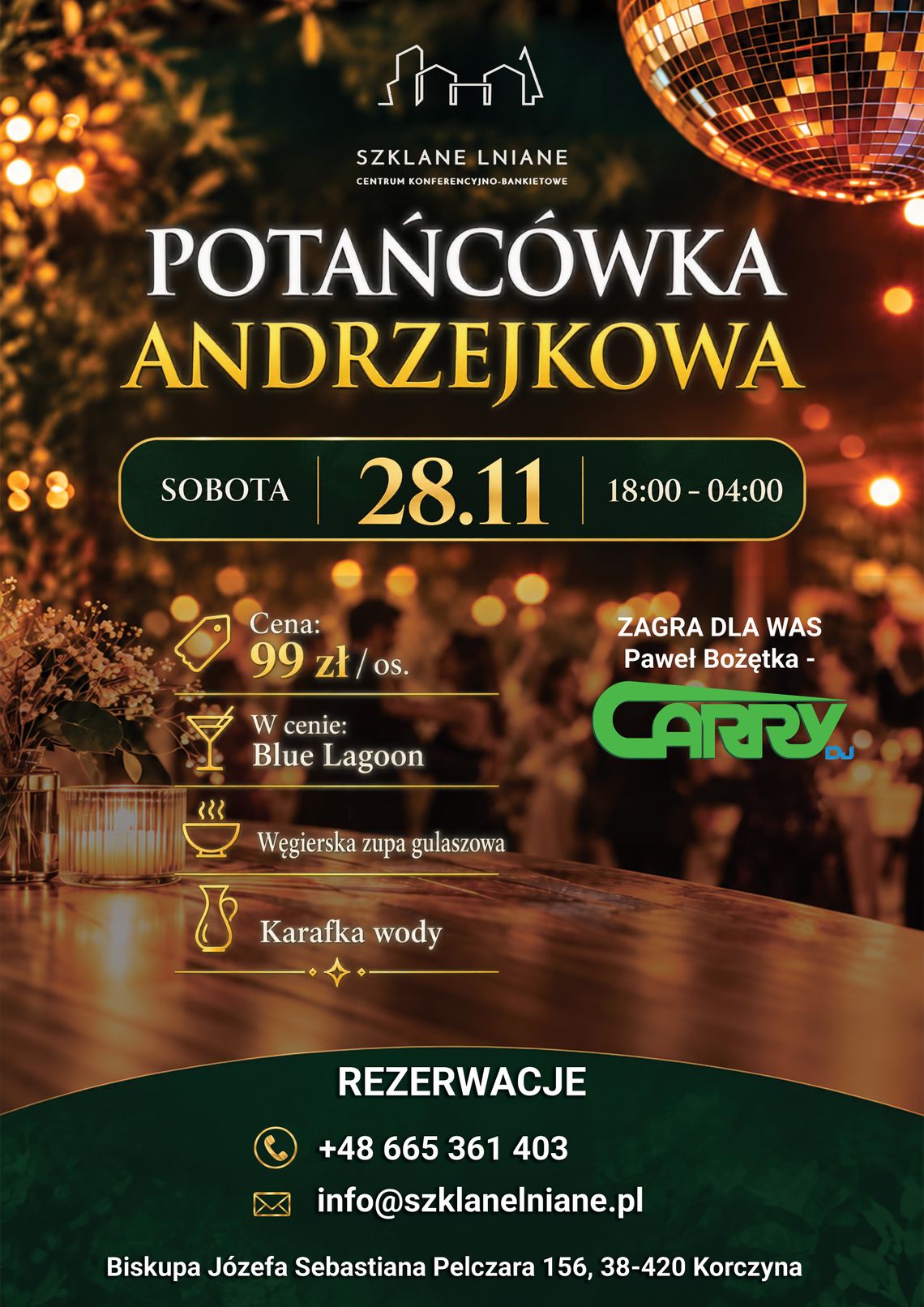 Plakat wydarzenia Potańcówka Andrzejkowa w Szklane Lniane w Korczynie