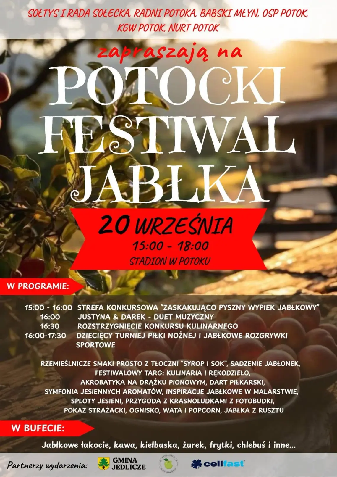 Plakat wydarzenia Potocki Festiwal Jabłka 20 września na stadionie w Potoku