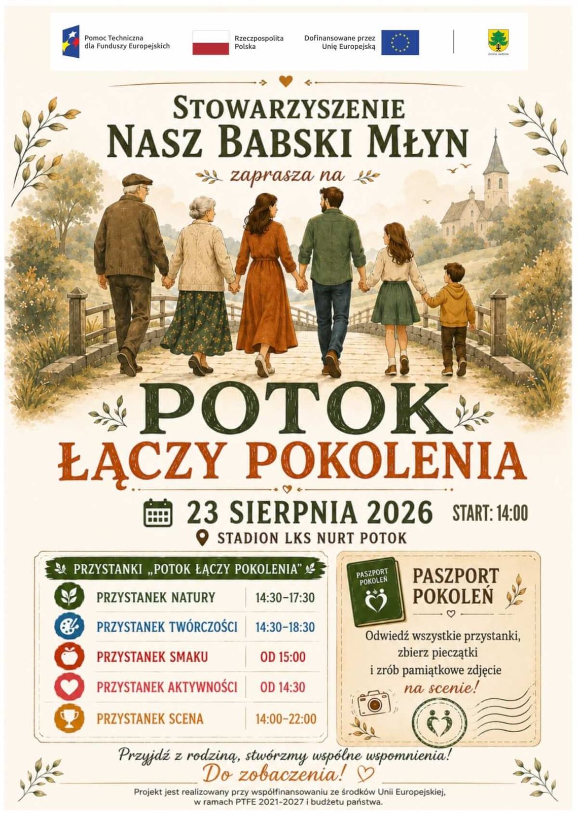 Potok łączy pokolenia Plakat wydarzenia Potok łączy pokolenia organizowanego przez Stowarzyszenie Nasz Babski Młyn