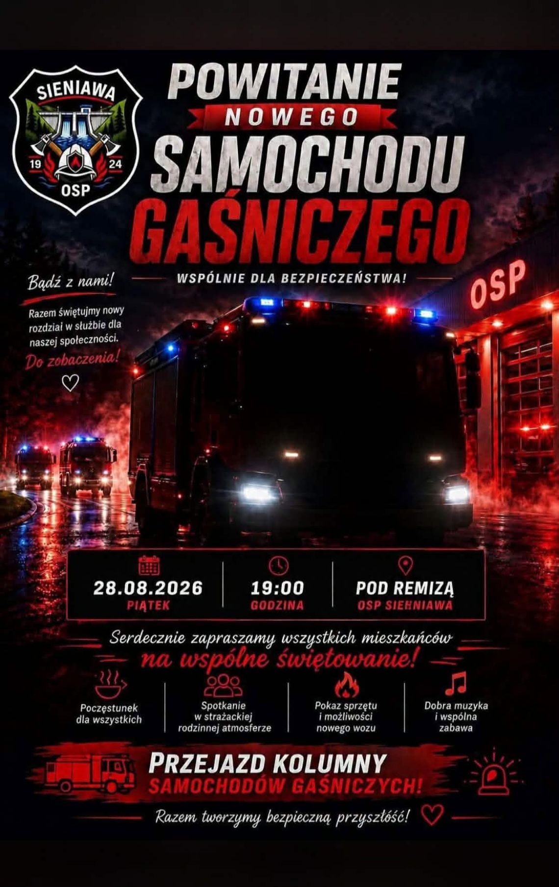 Plakat wydarzenia OSP Sieniawa zapowiadający powitanie nowego samochodu gaśniczego