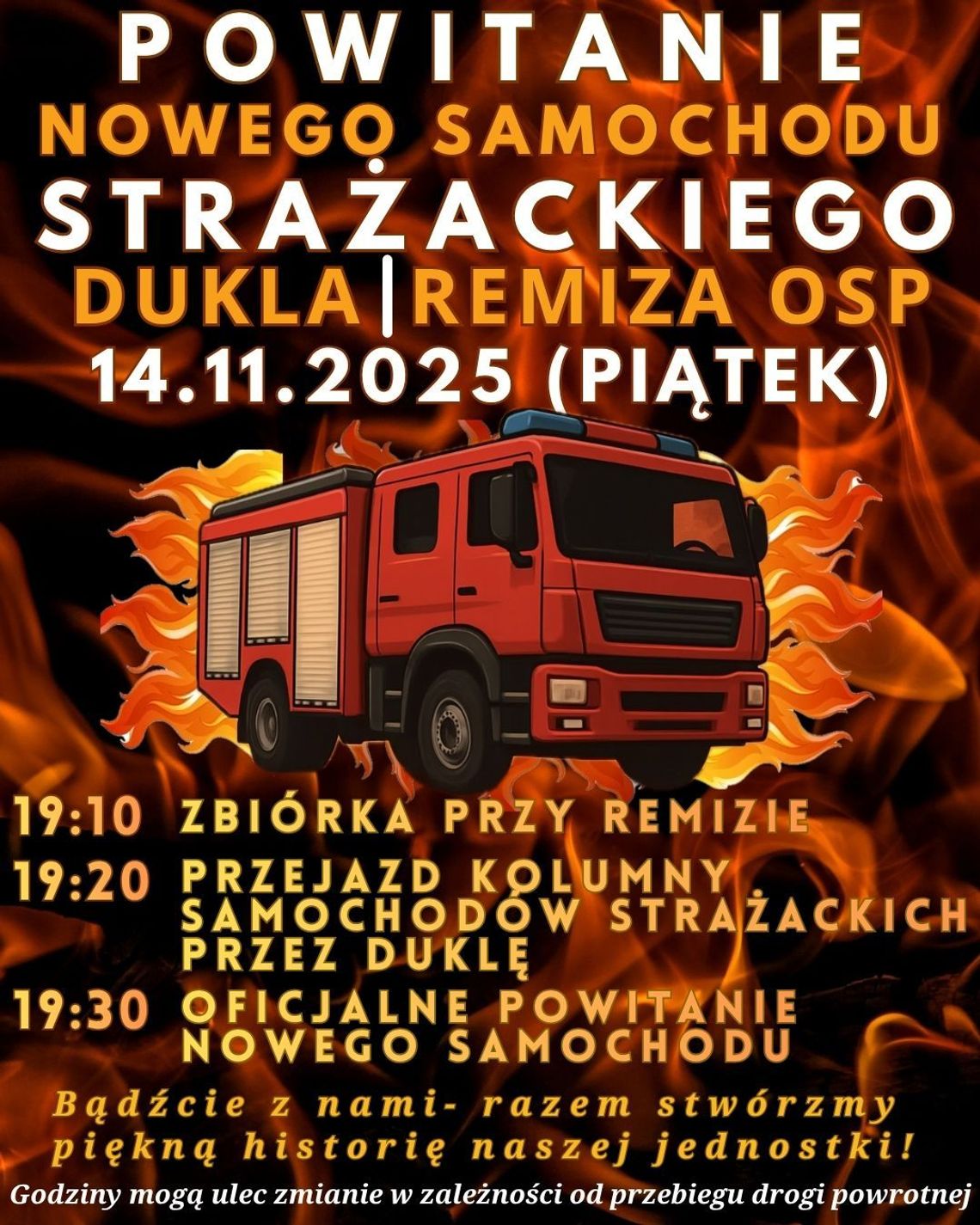plakat wydarzenia powitania samochodu strażackiego